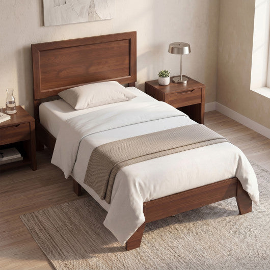 Twin Size Bed Frame with Headboard for Small Room No Box Spring Needed-Walnut