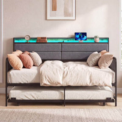 Twin Size Daybed with Trundle and Metal Bed Frame with Headboard-Rustic Brown
