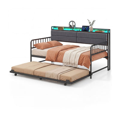 Twin Size Daybed with Trundle and Metal Bed Frame with Headboard-Rustic Brown