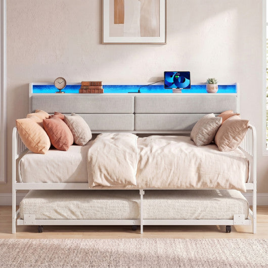 Twin Size Daybed with Trundle and Metal Bed Frame with Headboard-White