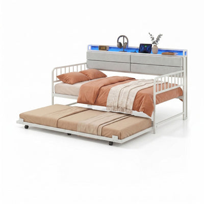 Twin Size Daybed with Trundle and Metal Bed Frame with Headboard-White