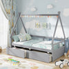 Twin Size House Bed with Roof and Safety Guardrail-Gray