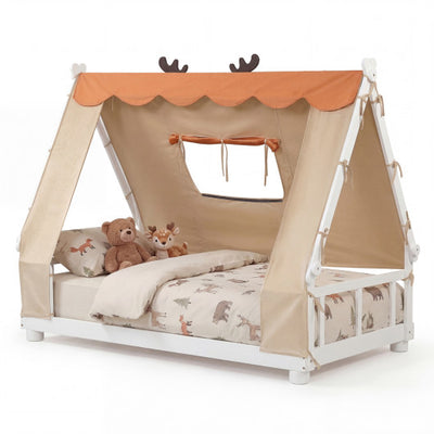 Twin Size House Floor Wood Bed with Tent-White
