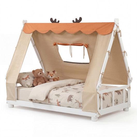 Twin Size House Floor Wood Bed with Tent-White
