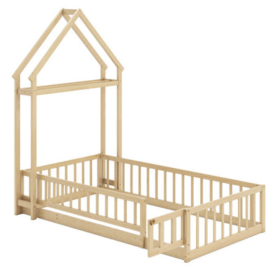 Twin Size House Floor Bed with House-shaped Headboard-Natural