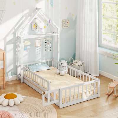 Twin Size House Floor Bed with House-shaped Headboard-White