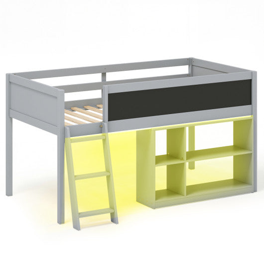 Twin Size Kids Loft Bed with LED Lights and Removable Bookcase-Gray