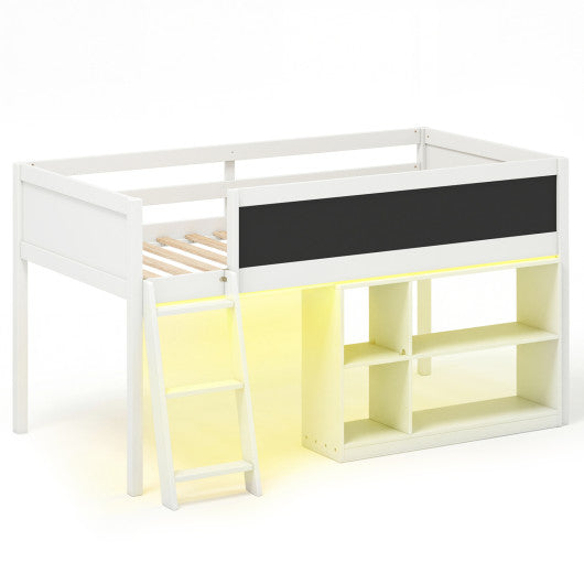 Twin Size Kids Loft Bed with LED Lights and Removable Bookcase-White