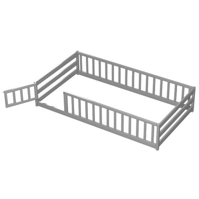 Twin Size Kids Wood Montessori Floor Bed with Door and Fence-Gray