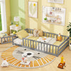 Twin Size Kids Wood Montessori Floor Bed with Door and Fence-Gray
