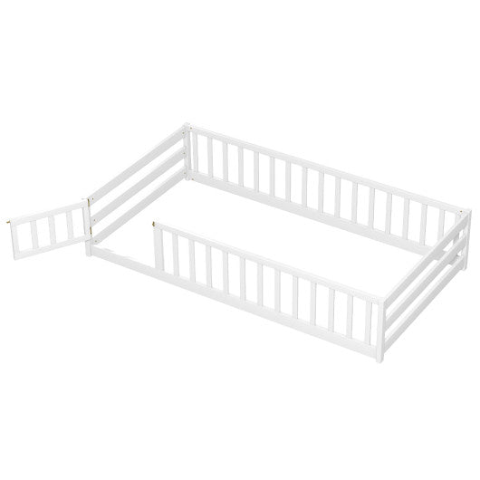 Twin Size Kids Wood Montessori Floor Bed with Door and Fence-White