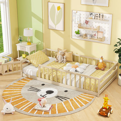 Twin Size Kids Wood Montessori Floor Bed with Door and Fence-Natural