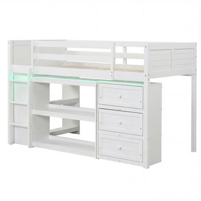 Twin Size Loft Bed with LED Lights and Underbed Space for Kids-White