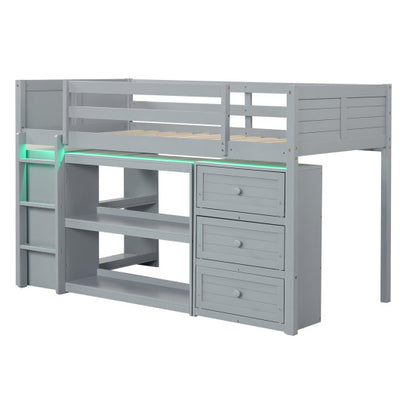 Twin Size Loft Bed with LED Lights and Underbed Space for Kids-Gray