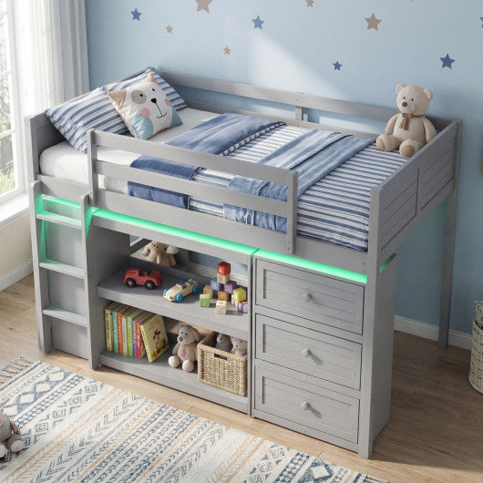 Twin Size Loft Bed with LED Lights and Underbed Space for Kids-Gray
