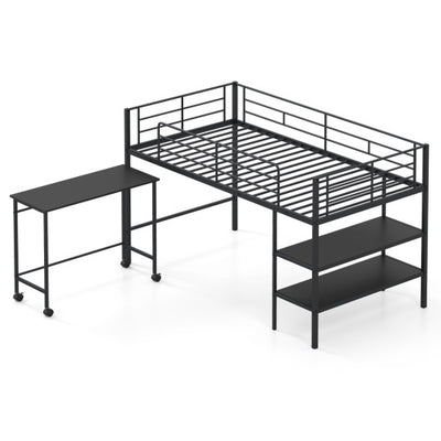 Twin Size Loft Bed with Rolling Desk and Bookshelf Platform Bed Frame-Black