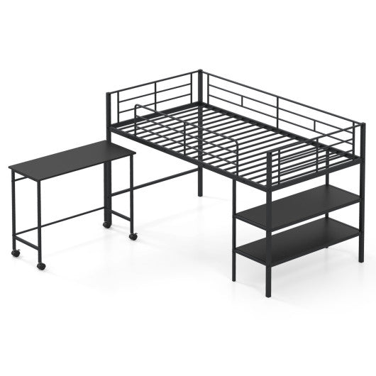 Twin Size Loft Bed with Rolling Desk and Bookshelf Platform Bed Frame-Black