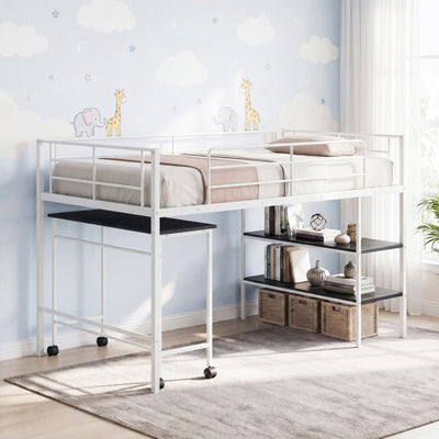Twin Size Loft Bed with Rolling Desk and Bookshelf Platform Bed Frame-White