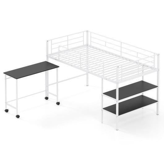Twin Size Loft Bed with Rolling Desk and Bookshelf Platform Bed Frame-White