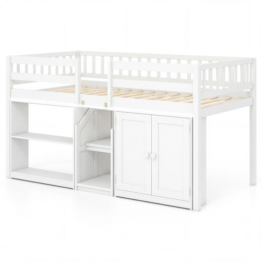 Twin Size Loft Bed with LED Lights and Kids Wooden Bed Frame-White