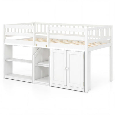 Twin Size Loft Bed with LED Lights and Kids Wooden Bed Frame-White