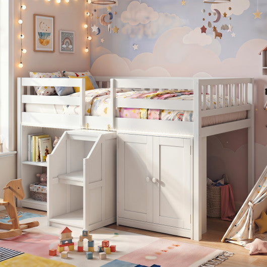 Twin Size Loft Bed with LED Lights and Kids Wooden Bed Frame-White