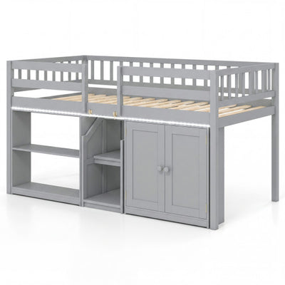 Twin Size Loft Bed with LED Lights and Kids Wooden Bed Frame-Gray