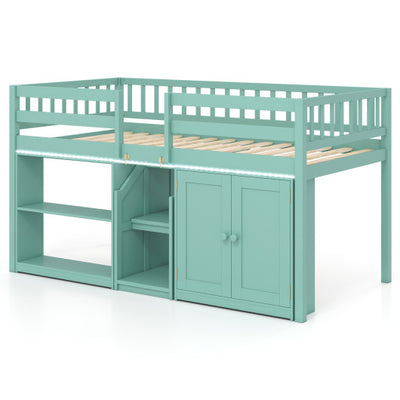 Twin Size Loft Bed with LED Lights and Kids Wooden Bed Frame-Green