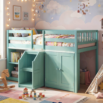 Twin Size Loft Bed with LED Lights and Kids Wooden Bed Frame-Green