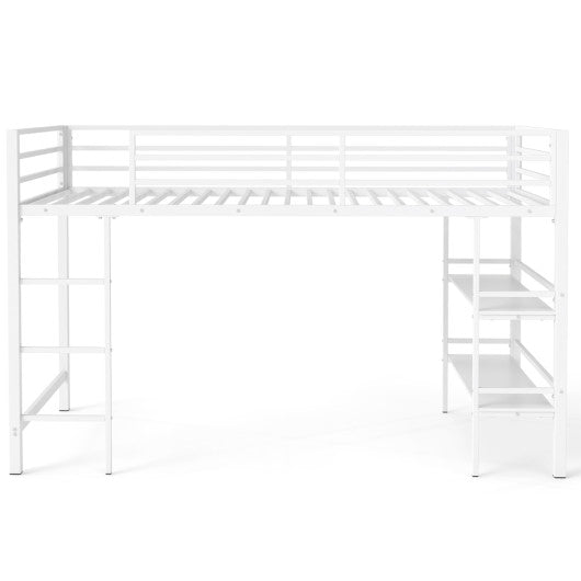 Twin Size Low Loft Bed with Ladder and Storage Shelves Metal Frame for Boys Girls-White