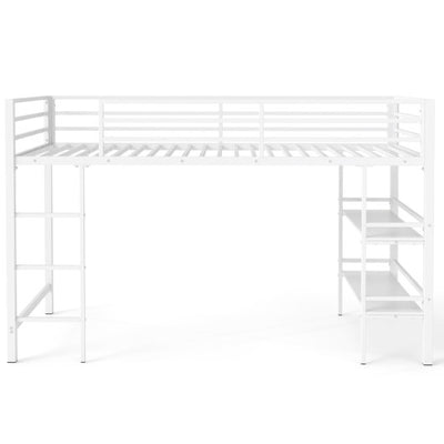 Twin Size Low Loft Bed with Ladder and Storage Shelves Metal Frame for Boys Girls-White