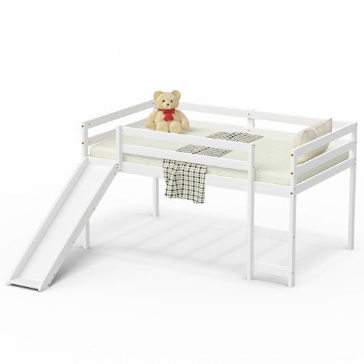 Twin Size Low Sturdy Loft Bed with Slide Wood-White