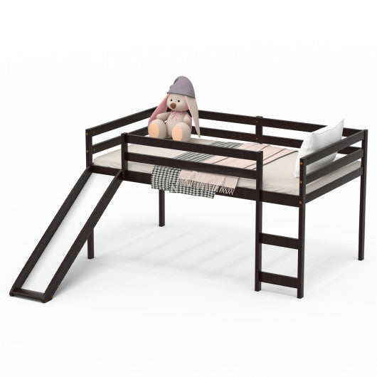 Twin Size Low Sturdy Loft Bed with Slide Wood-Dark Brown