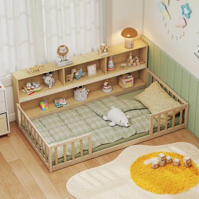 Twin Size Montessori Floor Bed with Bookcase-Natural
