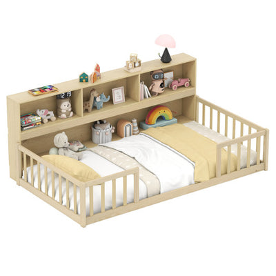 Twin Size Montessori Floor Bed with Bookcase-Natural
