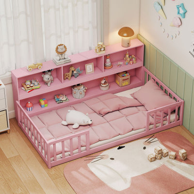 Twin Size Montessori Floor Bed with Bookcase-Pink