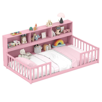 Twin Size Montessori Floor Bed with Bookcase-Pink