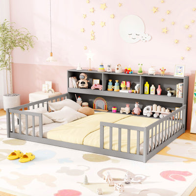 Twin Size Montessori Floor Bed with Bookcase-Gray
