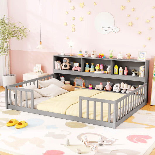 Twin Size Montessori Floor Bed with Bookcase-Gray