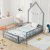 Twin Size Montessori Floor Bed with Lockable Door and Full-Length Guardrail-Gray