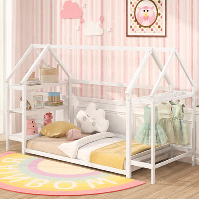Twin Size Montessori Floor House Bed with Detachable Storage Shelves-White