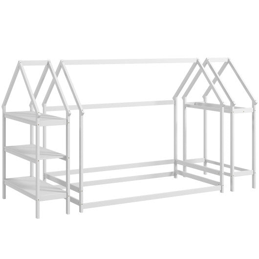 Twin Size Montessori Floor House Bed with Detachable Storage Shelves-White