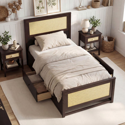 Twin Size Rattan Bed Frame with Storage Drawers-Coffee
