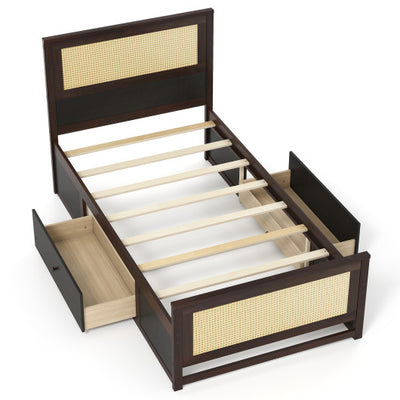 Twin Size Rattan Bed Frame with Storage Drawers-Coffee