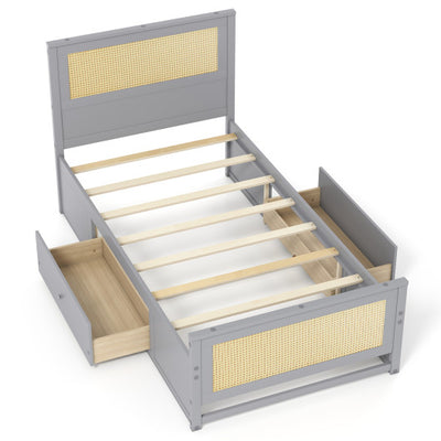 Twin Size Rattan Bed Frame with Storage Drawers-Gray