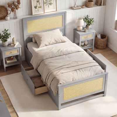 Twin Size Rattan Bed Frame with Storage Drawers-Gray