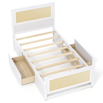 Twin Size Rattan Bed Frame with Storage Drawers-White