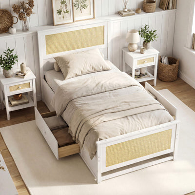 Twin Size Rattan Bed Frame with Storage Drawers-White