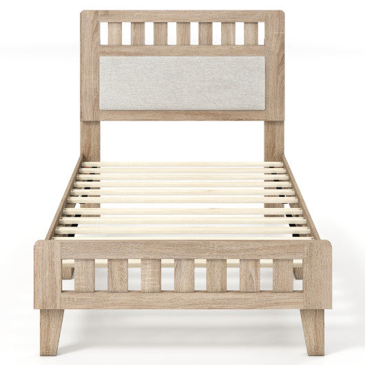 Twin Size Wood Bed Frame with Upholstered Headboard Mid Century Style