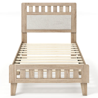 Twin Size Wood Bed Frame with Upholstered Headboard Mid Century Style